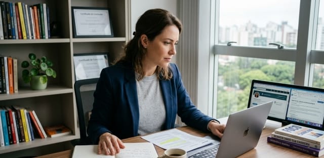 Mulher planejando sua mudança de carreira sentada em frente a seu notebook,