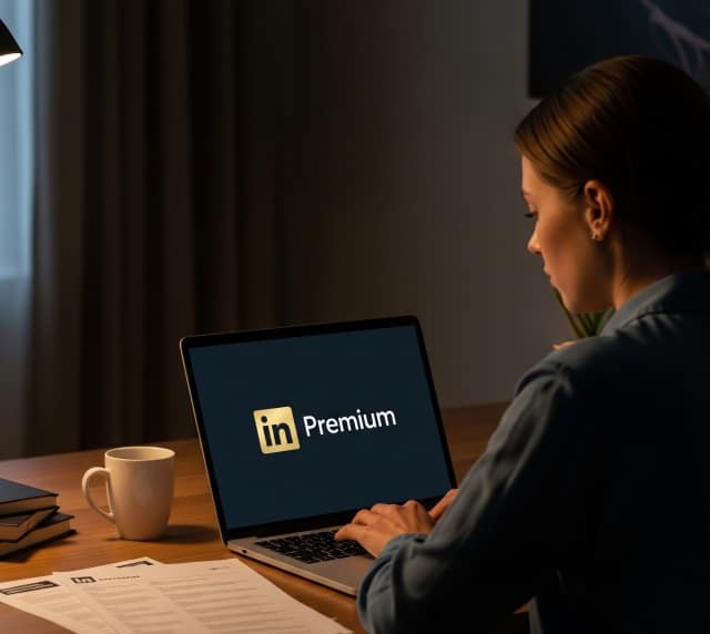 Mulher em seu notebook com a página do Linkedin Premium aberta.