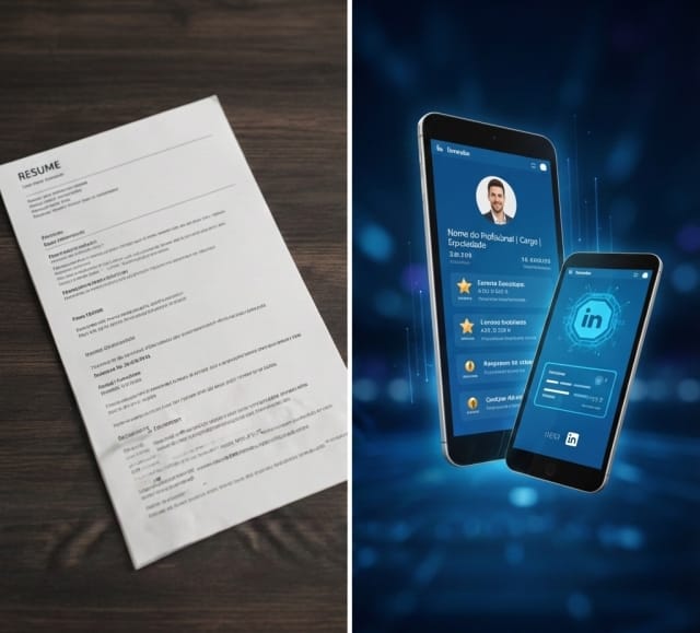 Uma imagem de currículo profissional no lado esquerdo e um celular acessando a página do Linkedin do lado direito.
