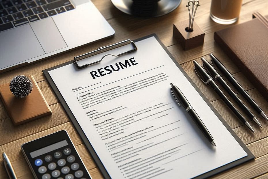 Uma calculadora, canetas, notebook, uma xícara de café e ao centro da um currículo.