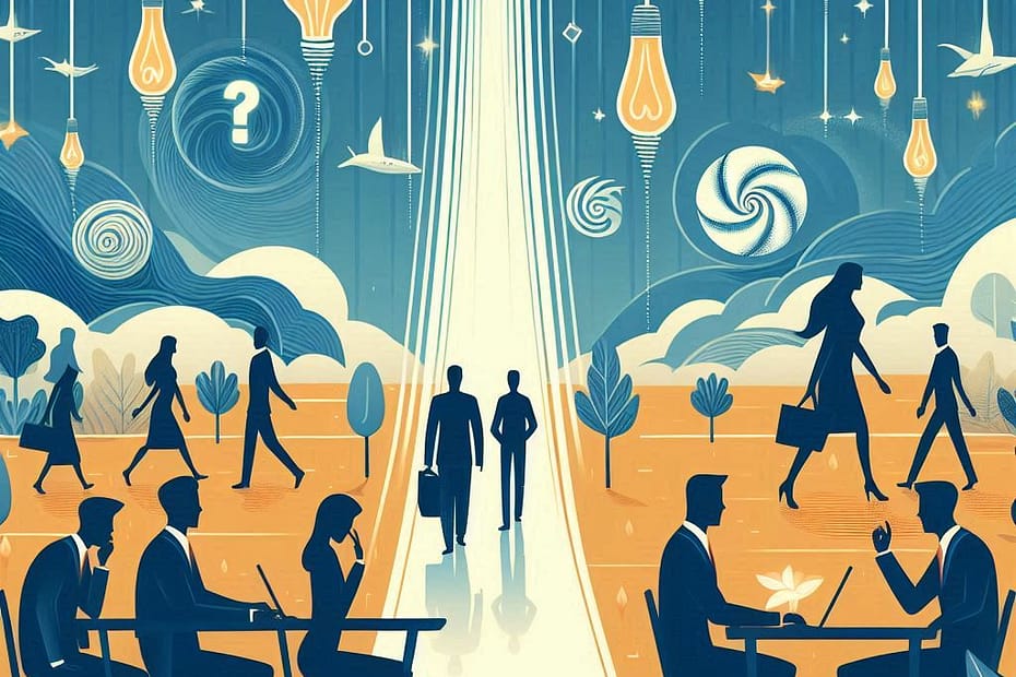 Imagem com um recrutador realizando uma entrevista e outros candidatos esperando sentados.