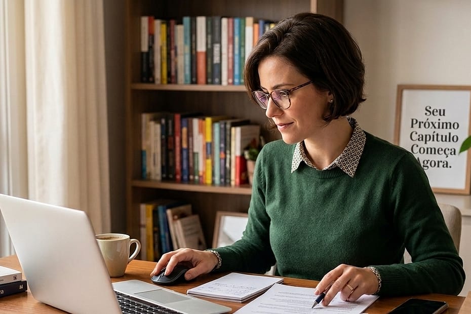 Mulher em frente a seu notebook procurando informações sobre mudança de carreira