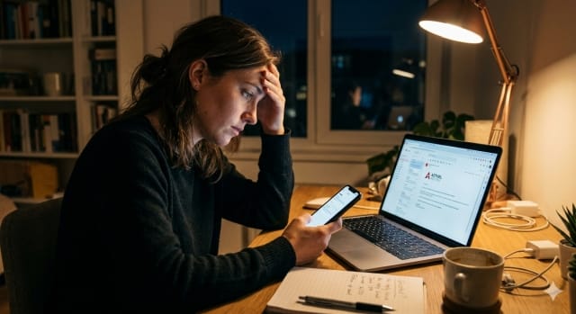 Candidata com expressão de preocupação aguardando respostas em frente ao seu notebook e olhando para seu celular.