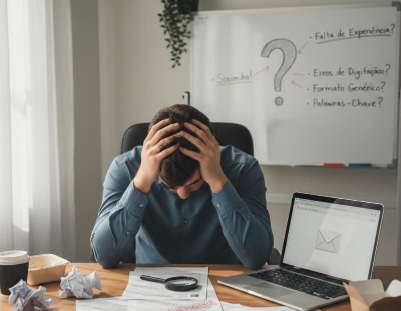 Um rapaz com as mãos na cabeça sentado em frente à sua mesa repleta de currículos e lupas.