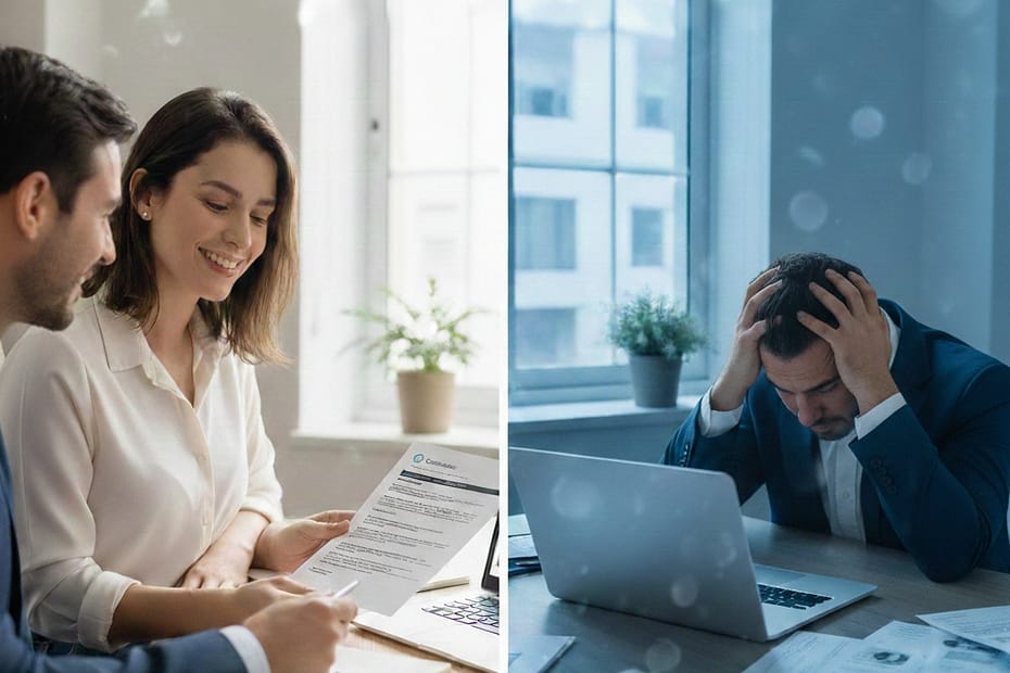 Uma imagem à esquerda de um profissional sendo atendido por uma consultora e no lado direito um profissional perdido sem saber o que fazer para atingir seus objetivos profissionais.