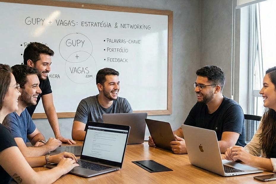 Pessoas reunidas conversando sobre as plataformas Gupy e Vagas.com