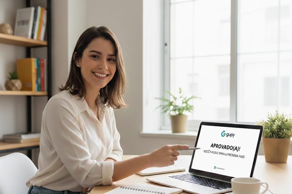 Uma moça feliz mostrando que foi aprovada em processo seletivo pela Gupy.