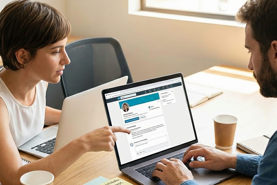 Uma mulher apontando para o perfil de linkedin aparecendo na tela do notebook.