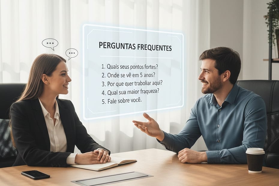 Uma mulher e um homem em traje social conversando sobre as perguntas mais frequentes em entrevista.