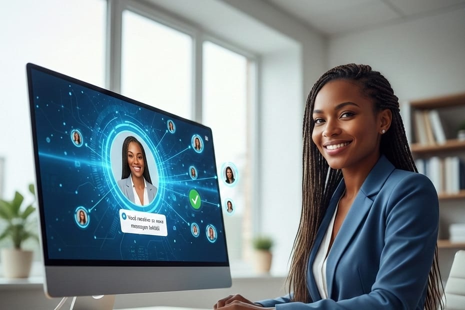 Uma mulher negra com roupa corporativa sorrindo e olhando para tela de seu computador.