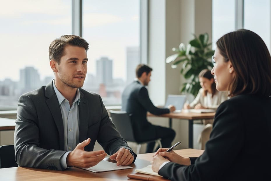 Um rapaz jovem de terno sendo entrevistado por uma recrutadora com uma caneta preta na mão.