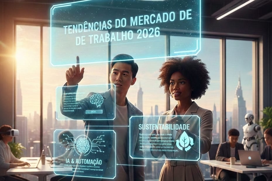 Um homem e uma mulher olhando uma imagem projetada com as tendências do mercado de trabalho em 2026.