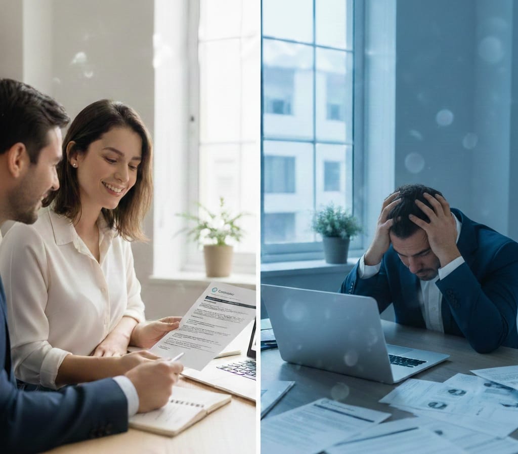 Uma imagem à esquerda de um profissional sendo atendido por uma consultora e no lado direito um profissional perdido sem saber o que fazer para atingir seus objetivos profissionais.