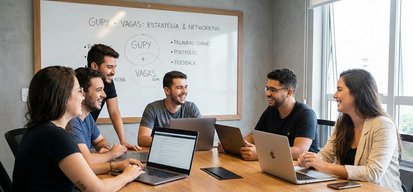 Pessoas reunidas conversando sobre as plataformas Gupy e Vagas.com