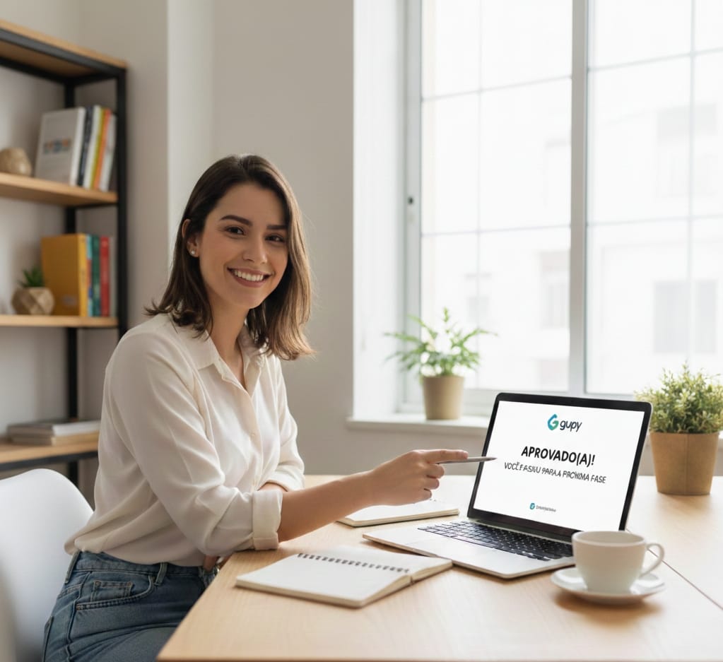 Uma moça feliz mostrando que foi aprovada em processo seletivo pela Gupy.