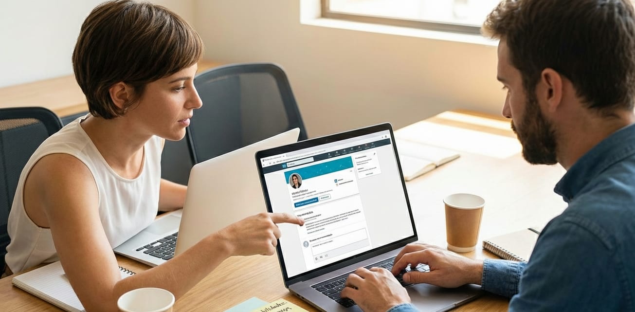 Uma mulher apontando para o perfil de linkedin aparecendo na tela do notebook.