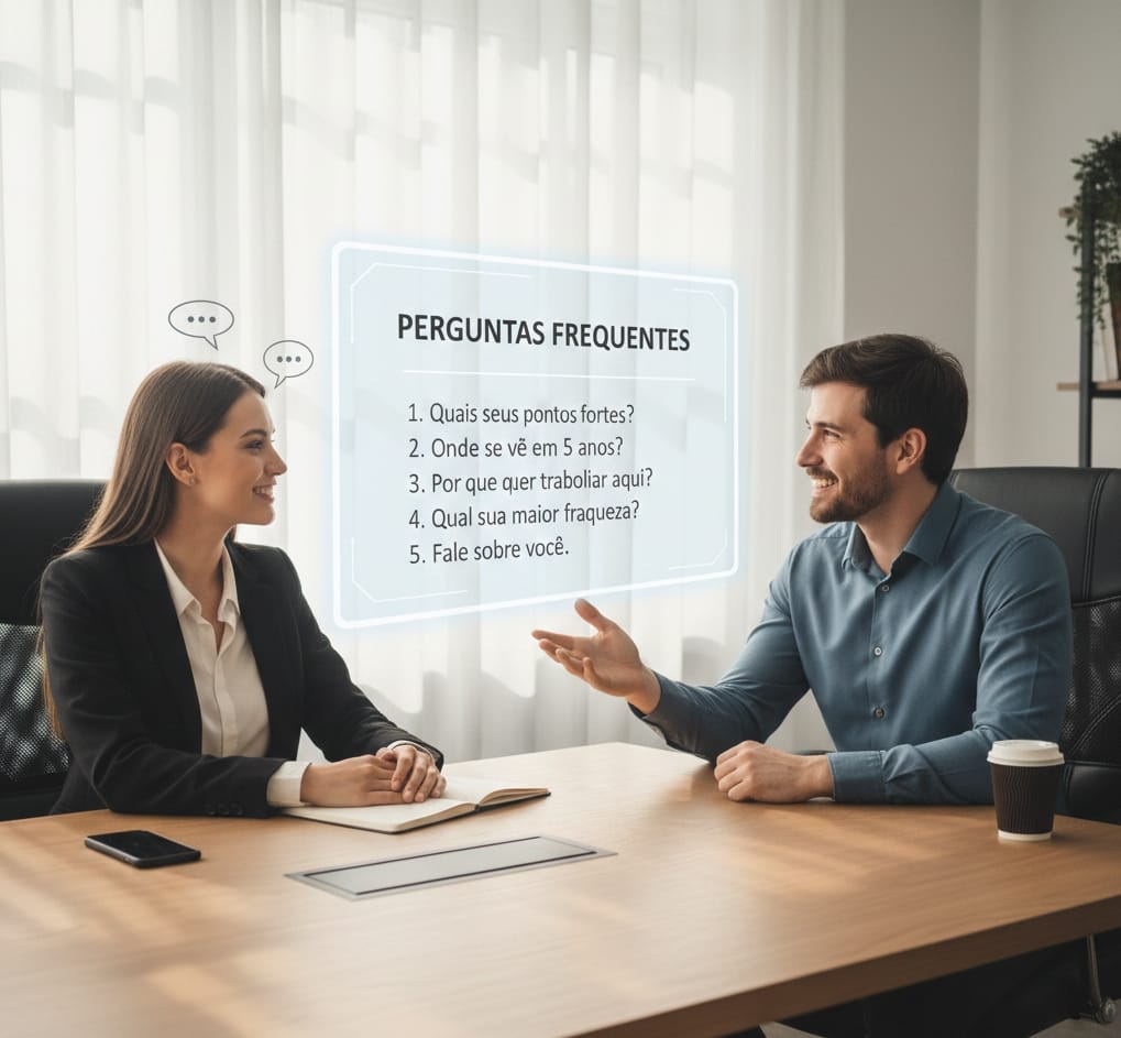 Uma mulher e um homem em traje social conversando sobre as perguntas mais frequentes em entrevista.