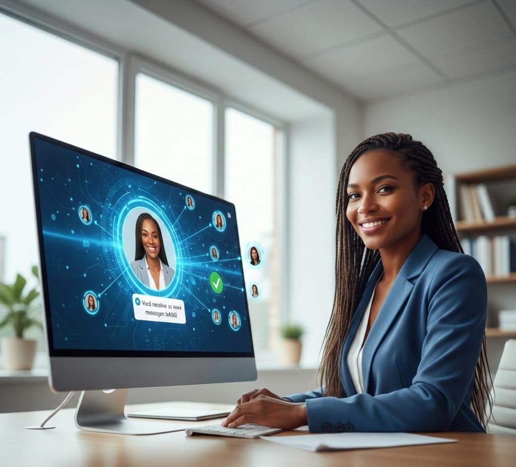 Uma mulher negra com roupa corporativa sorrindo e olhando para tela de seu computador.