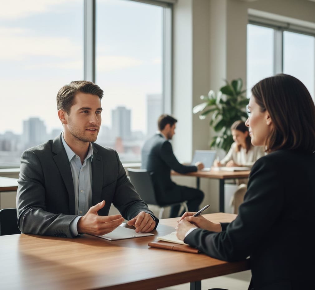 Um rapaz jovem de terno sendo entrevistado por uma recrutadora com uma caneta preta na mão.