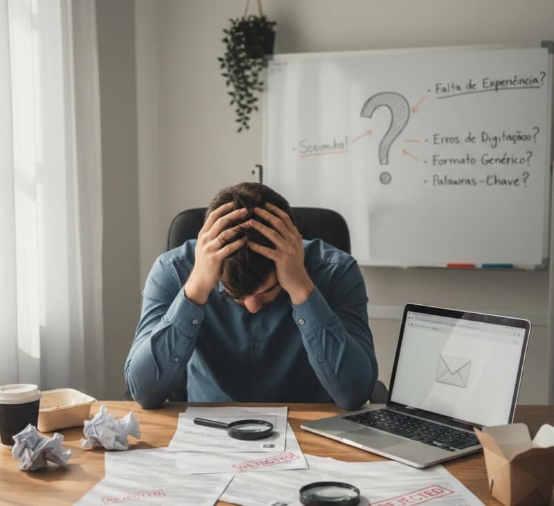 Um rapaz com as mãos na cabeça sentado em frente à sua mesa repleta de currículos e lupas.