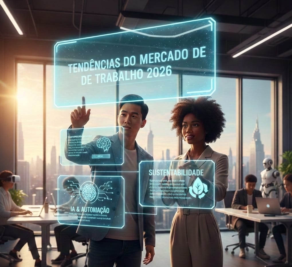 Um homem e uma mulher olhando uma imagem projetada com as tendências do mercado de trabalho em 2026.